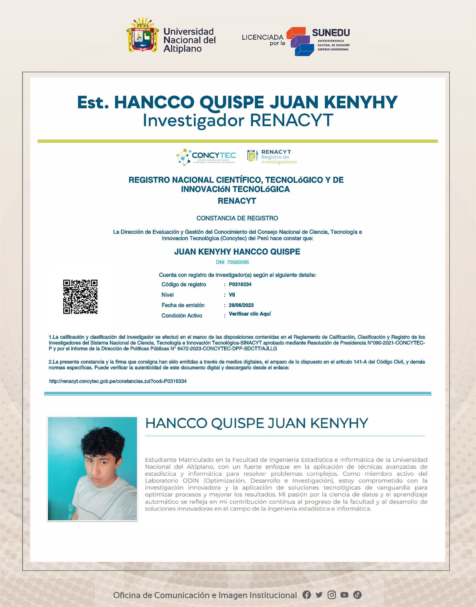 Foto de Est. HANCCO QUISPE JUAN KENYHY
