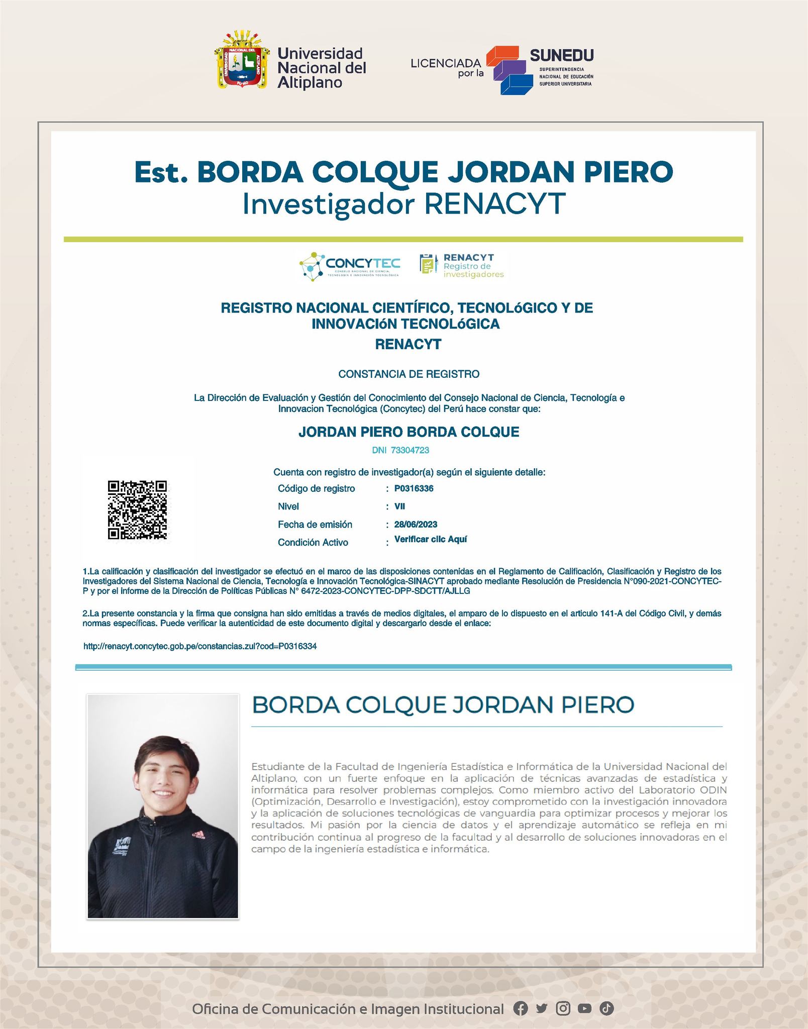 Foto de Est. BORDA COLQUE JORDAN PIERO